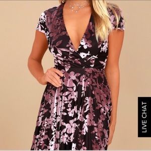Lulus black pink floral velvet dress, size S